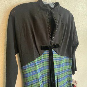 Wounded Black and Plaid Empire Waist Dress 40s/50s
